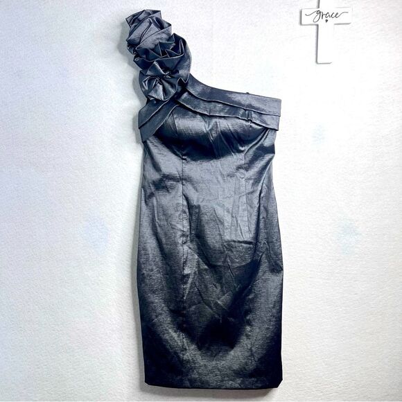 Xscape by Joanna Chen One-Shoulder shiny Gray stretch Dress Sz 6 Prom wedding - Picture 2 of 10